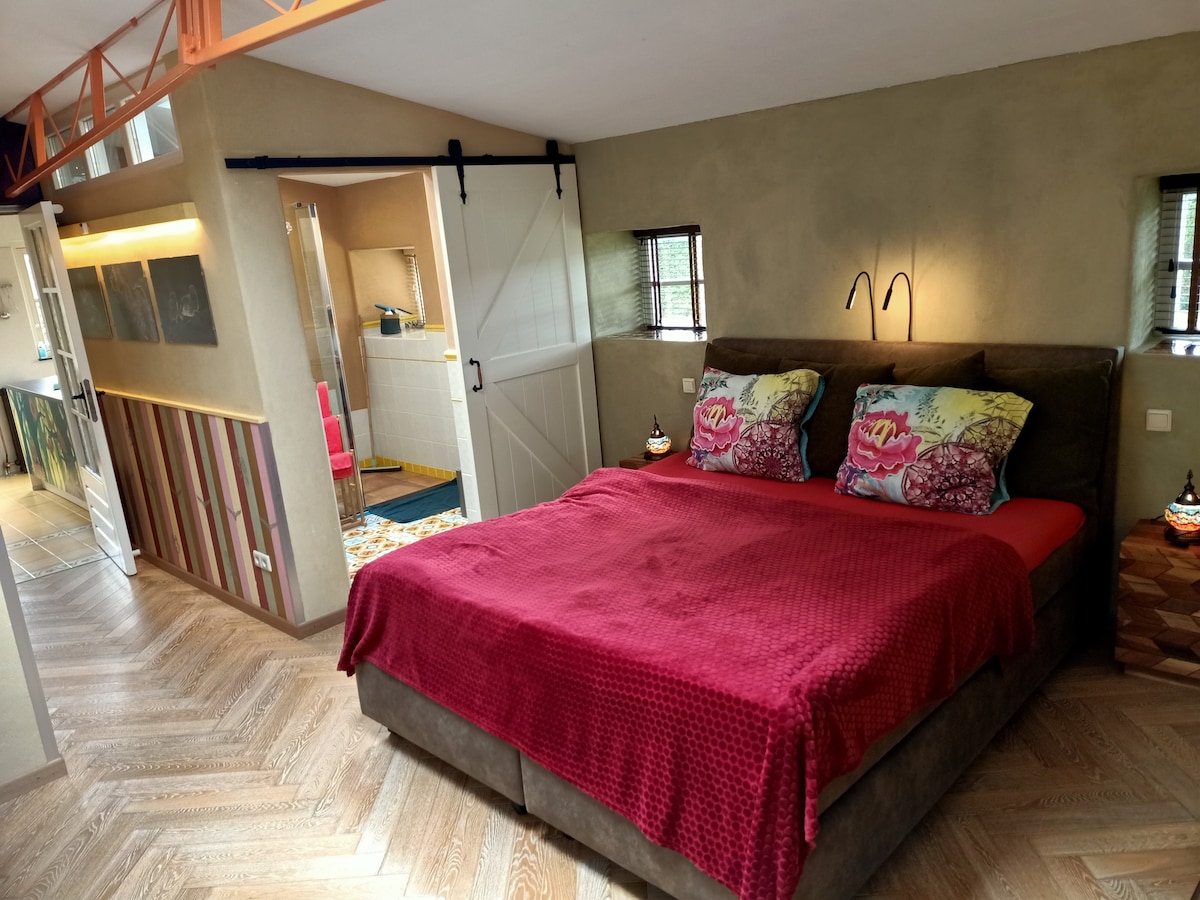 Kitanda cha ukubwa wa mfalme na ukubwa wa 210x180 katika chumba cha kulala chenye nafasi kubwa na bafu.