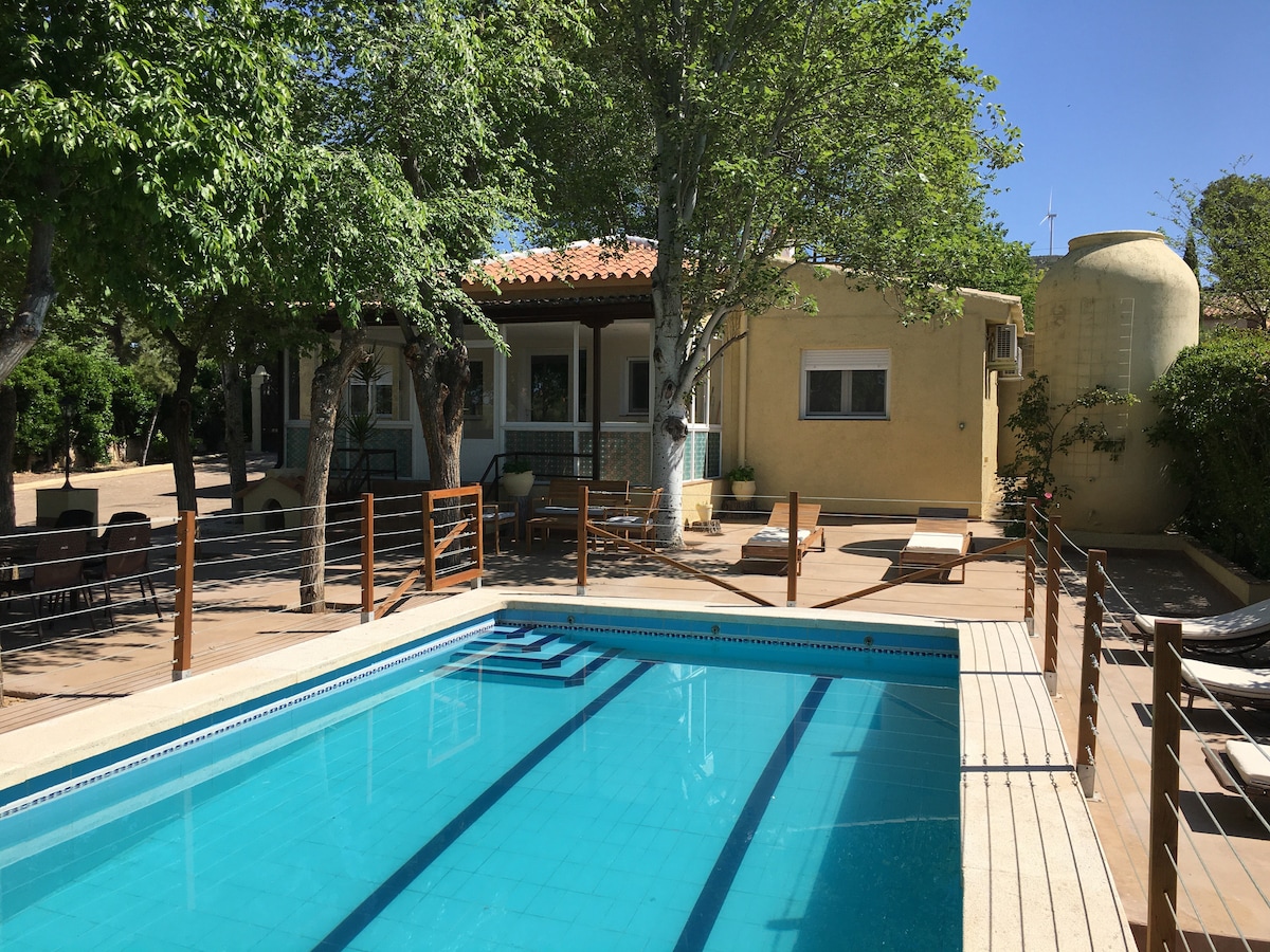 A serene pool area is surrounded by wooden decking, featuring sun loungers positioned for relaxation. Lush trees provide shade, and a charming single-story home is visible in the background, enhanced by a warm exterior. A water tank is also present, further complementing the outdoor space.