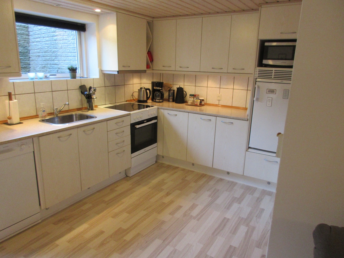 A functional kitchen area is equipped with modern appliances, including an oven, refrigerator, and dishwasher. Light wood cabinets and a neutral countertop provide ample storage and workspace. A window allows natural light to brighten the space, complemented by potted plants on the sill.