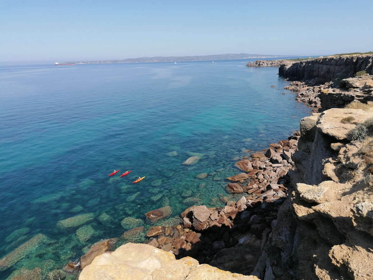 The image captures a serene coastal view with calm turquoise waters and rocky cliffs. Three bright red kayaks glide over the clear water, highlighting the natural beauty of the area. The horizon features a subtle blue sky, providing a peaceful backdrop.