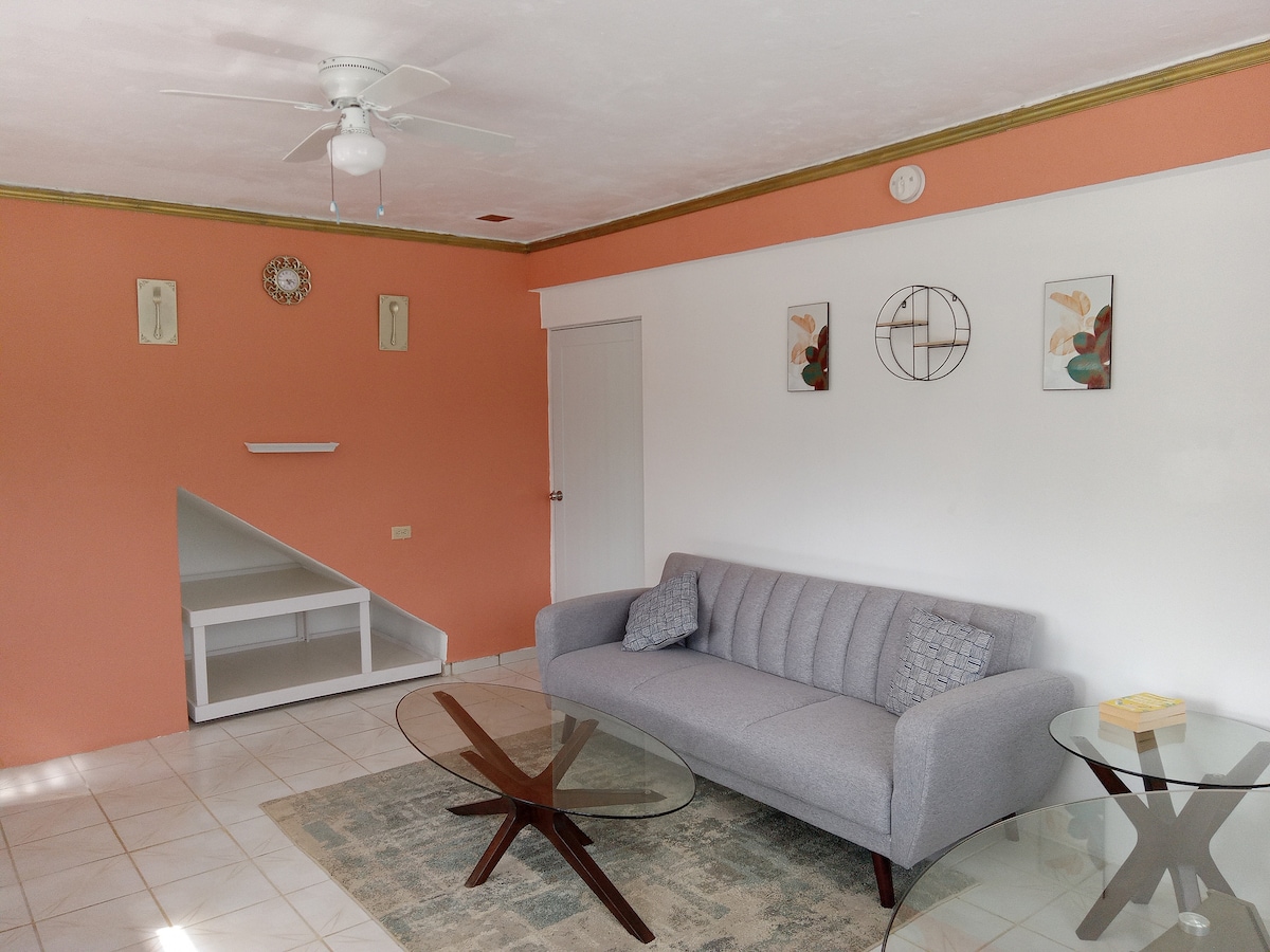 A light-filled living area features a gray couch positioned in front of two glass coffee tables on a textured rug. A fan is mounted on the ceiling, and artwork is displayed on the orange accent wall, adding subtle color to the space.