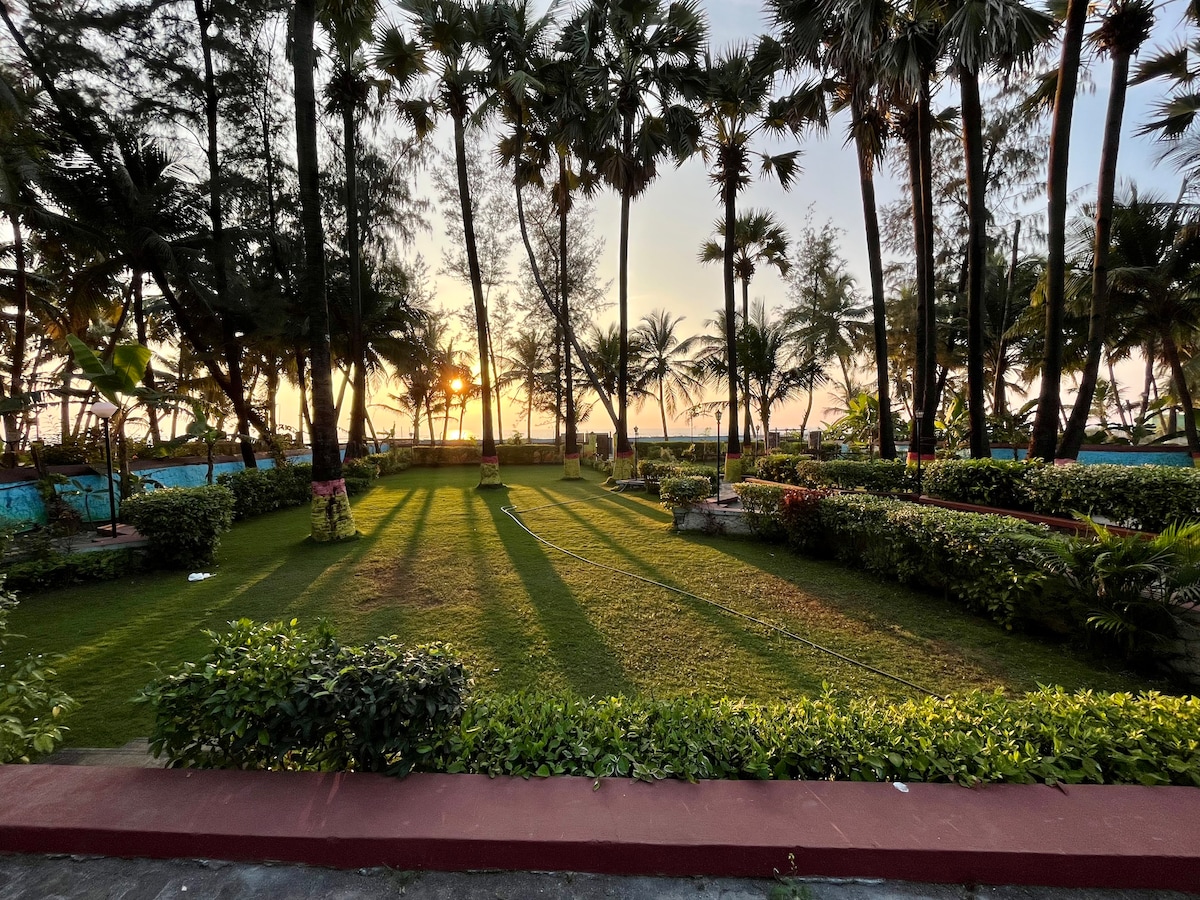 The image showcases a lush green lawn area bordered by palm trees, with the sun setting in the background. Shadows cast by the trees create a pattern on the grass, and the sea is partially visible beyond the foliage.