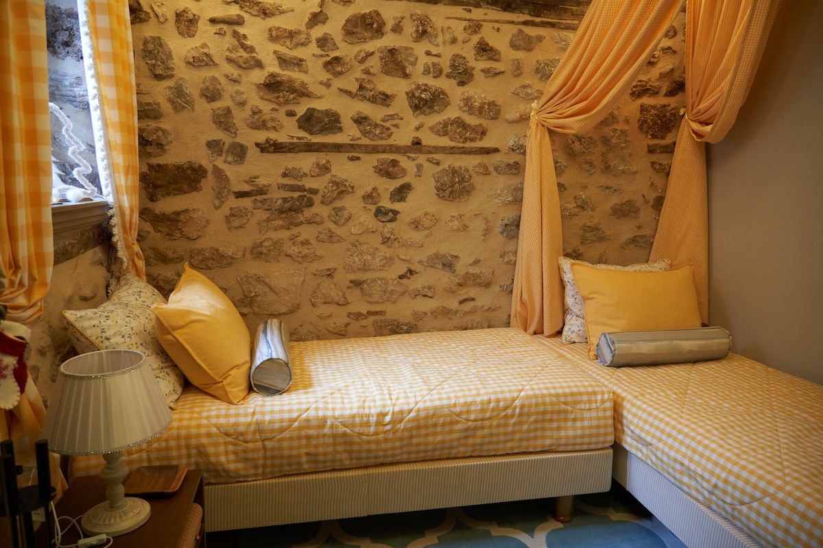 Chumba cha kulala chenye vitanda viwili vya mtu mmoja na meko