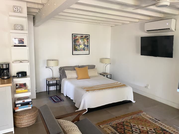 Espacio para dormir simplemente elegante con TV, aire acondicionado y excelentes vistas al jardín.