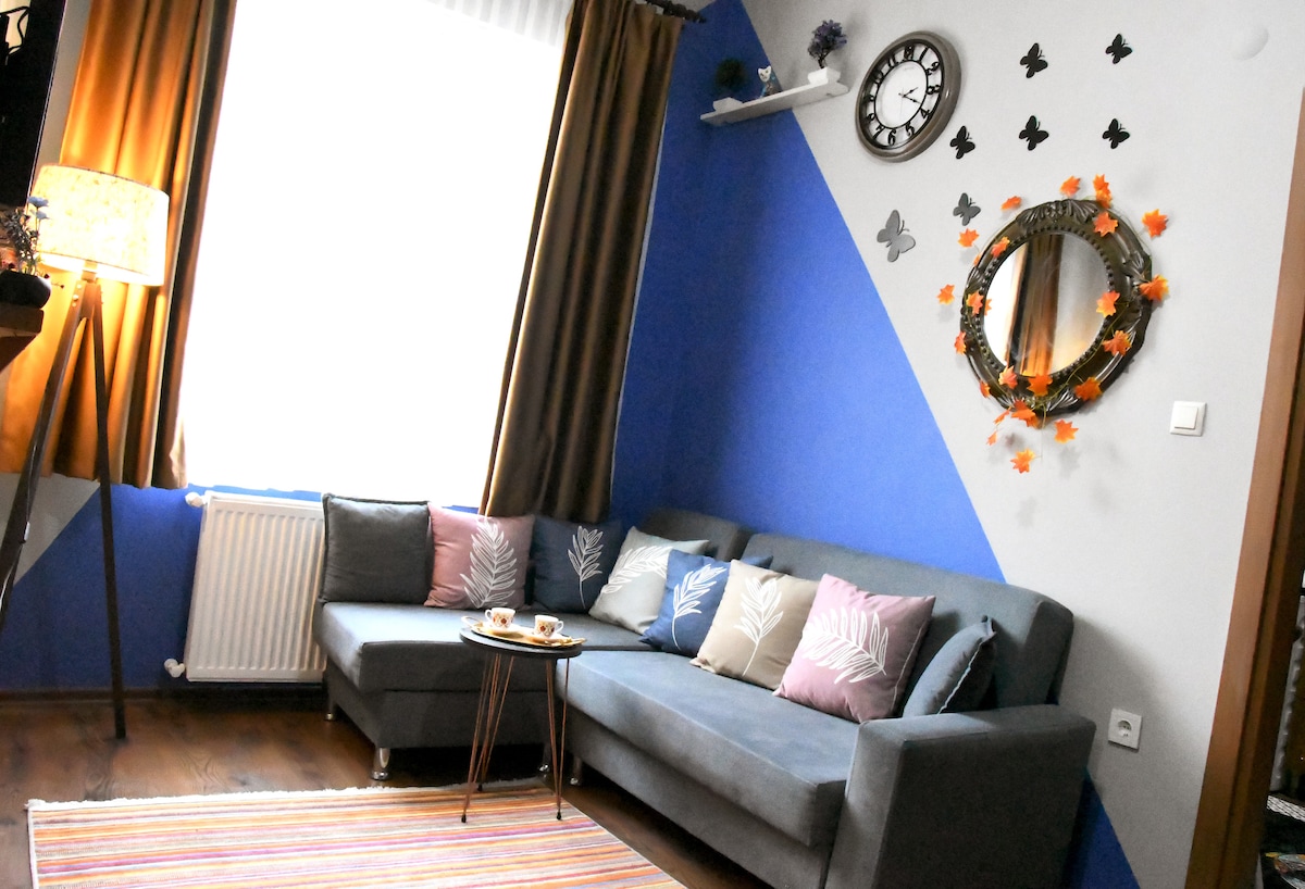 A corner seating area is featured with a gray sectional sofa adorned with colorful cushions. A small round table is set with refreshments. A wall-mounted mirror surrounded by decorative accents is visible. Natural light enters through a window, and butterfly decorations enhance the ambiance.