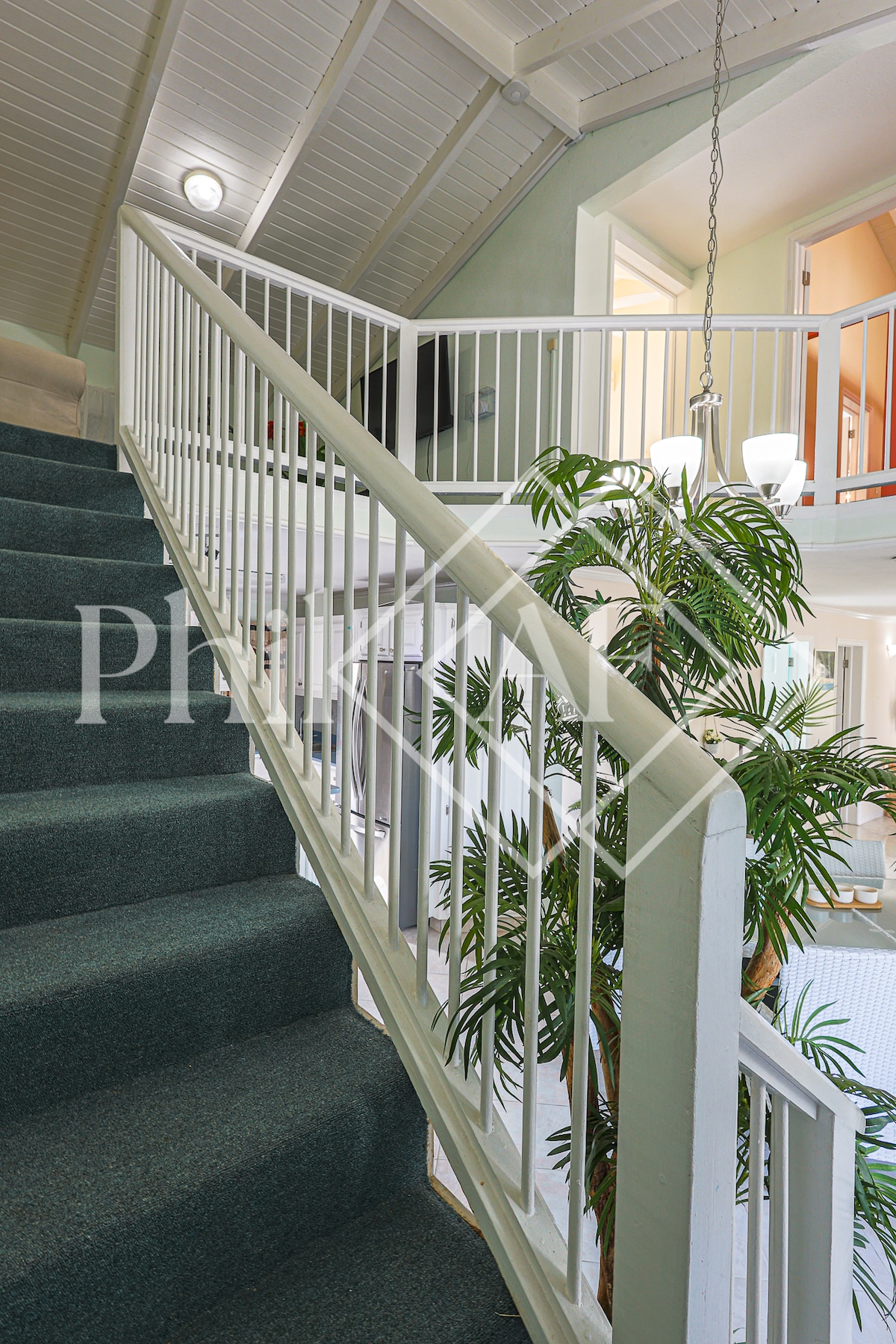 A staircase with a white railing leads to the upper level, featuring green carpeting. Potted plants are positioned at the base, bringing a touch of nature indoors. The area is bright, with natural light filtering through the nearby openings.
