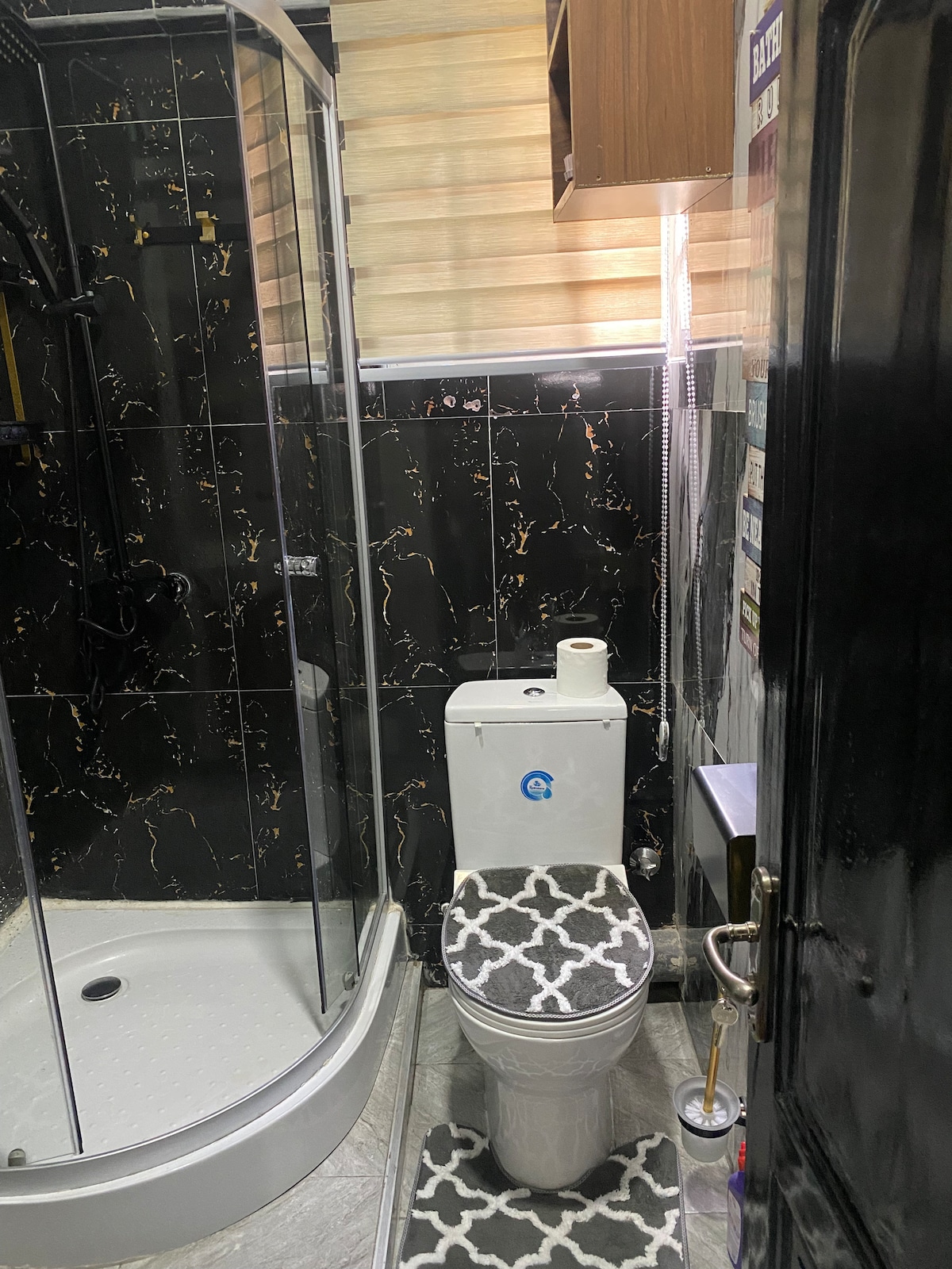 The bathroom features a glass shower enclosure with a stylish curved design, complemented by dark marble walls. A modern toilet is positioned beside a sleek wooden cabinet, and a patterned rug is placed in front of the toilet, adding a touch of comfort.