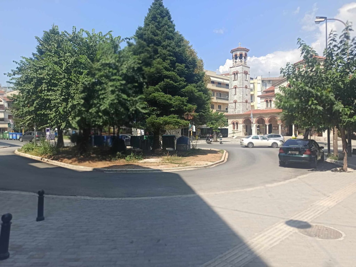 A circular road is bordered by a variety of green trees and shrubs. A clock tower is visible in the background, adding to the charm of the neighborhood. Vehicles are parked along the side, with a mix of modern and traditional architecture present in the surrounding buildings.