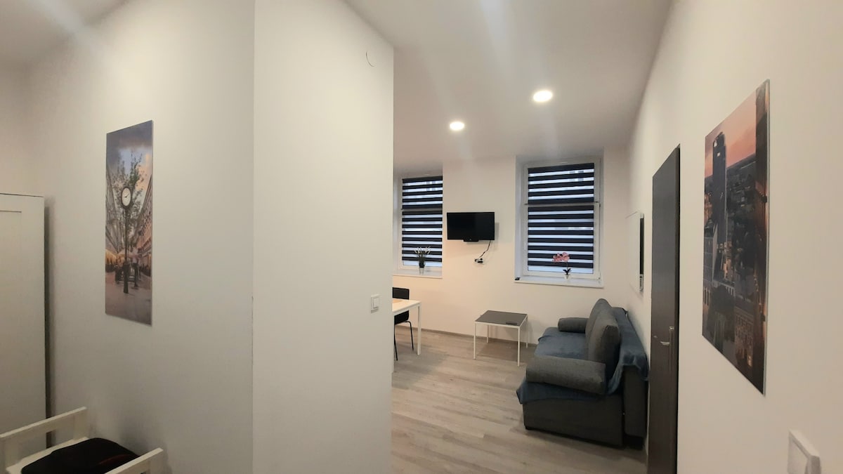 An open living area is seen, featuring a gray sofa and a simple coffee table, with a television mounted on the wall. Two windows with horizontal blinds allow natural light to enter. Two framed artworks add a touch of decor to the white walls.