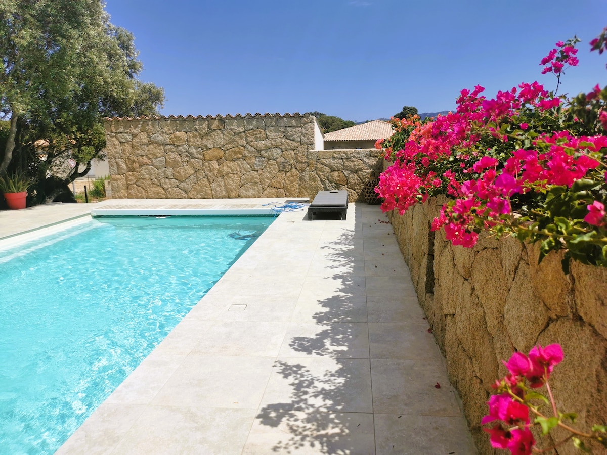 A tranquil swimming pool is surrounded by a natural stone wall and vibrant pink flowers. A sunbed is positioned alongside the pool, offering a space for relaxation. The scene is illuminated by bright sunlight, creating a serene environment perfect for unwinding.