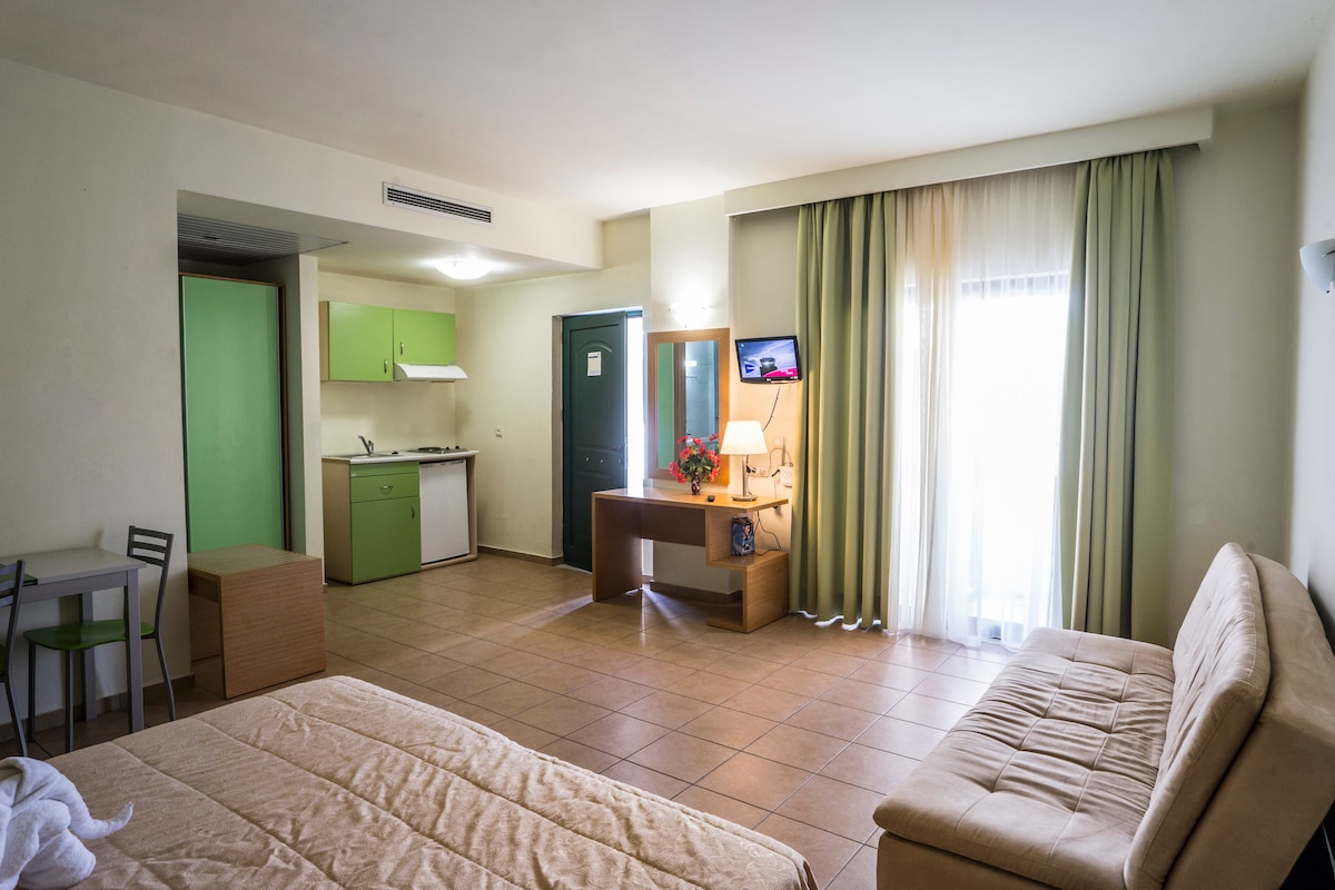 The spacious studio features two single beds and a sofa bed, along with a small dining table. A fully equipped kitchenette is visible, complemented by light green cabinetry. Natural light floods the room through a door leading to the terrace, enhancing the overall ambiance.