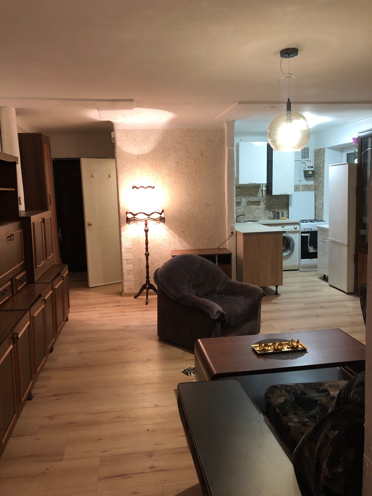An open-space layout showcases a living area with a cozy armchair and a wooden coffee table. A vintage lamp provides soft lighting, while the kitchenette is visible in the background, equipped with modern appliances. Light wood flooring creates a warm and welcoming ambiance.