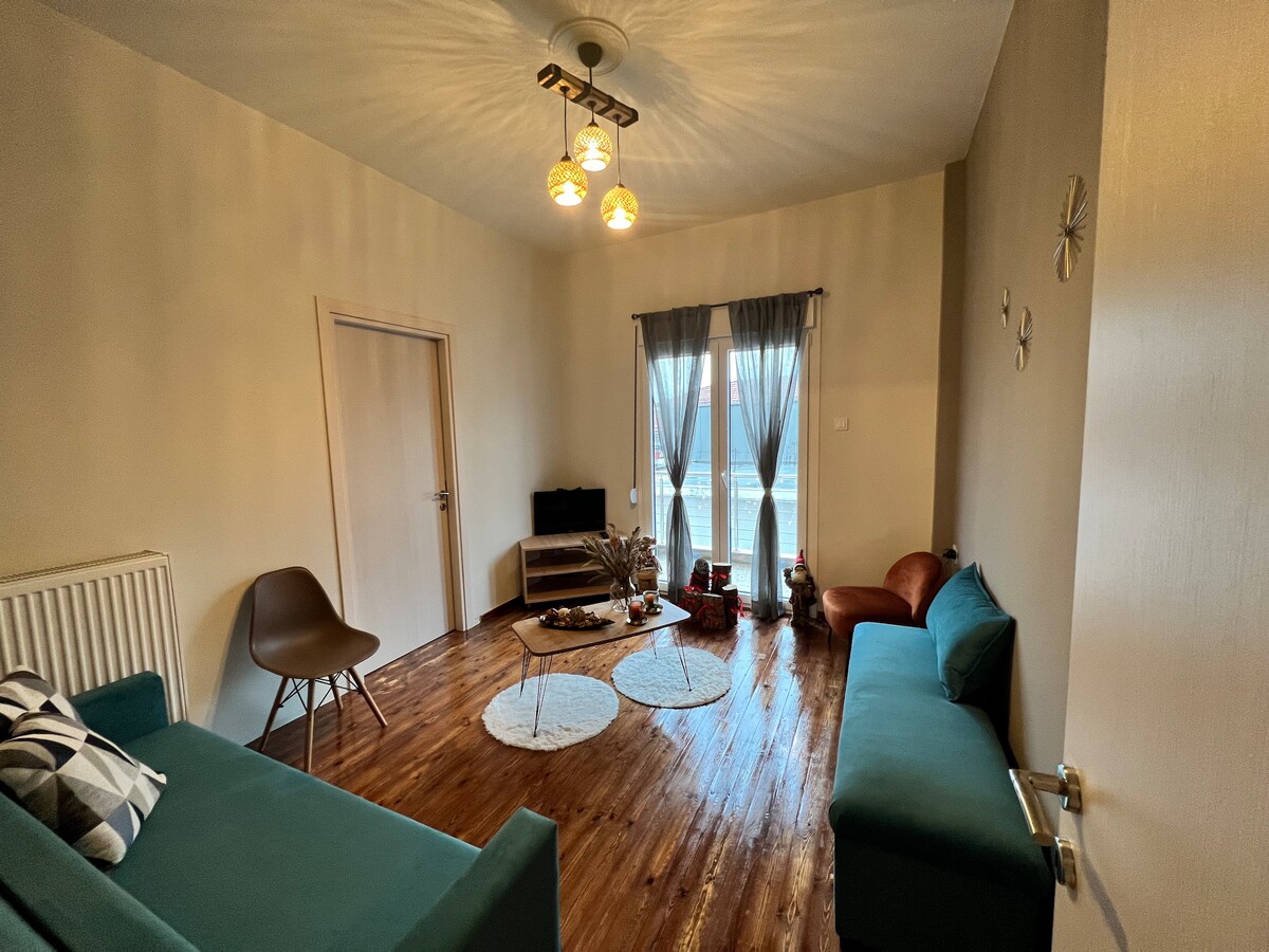 The living area features a blue sofa and an orange chair, with light wood flooring. A small television is placed on a stand, and two round rugs provide texture. Natural light filters through the window, which is dressed in sheer curtains.