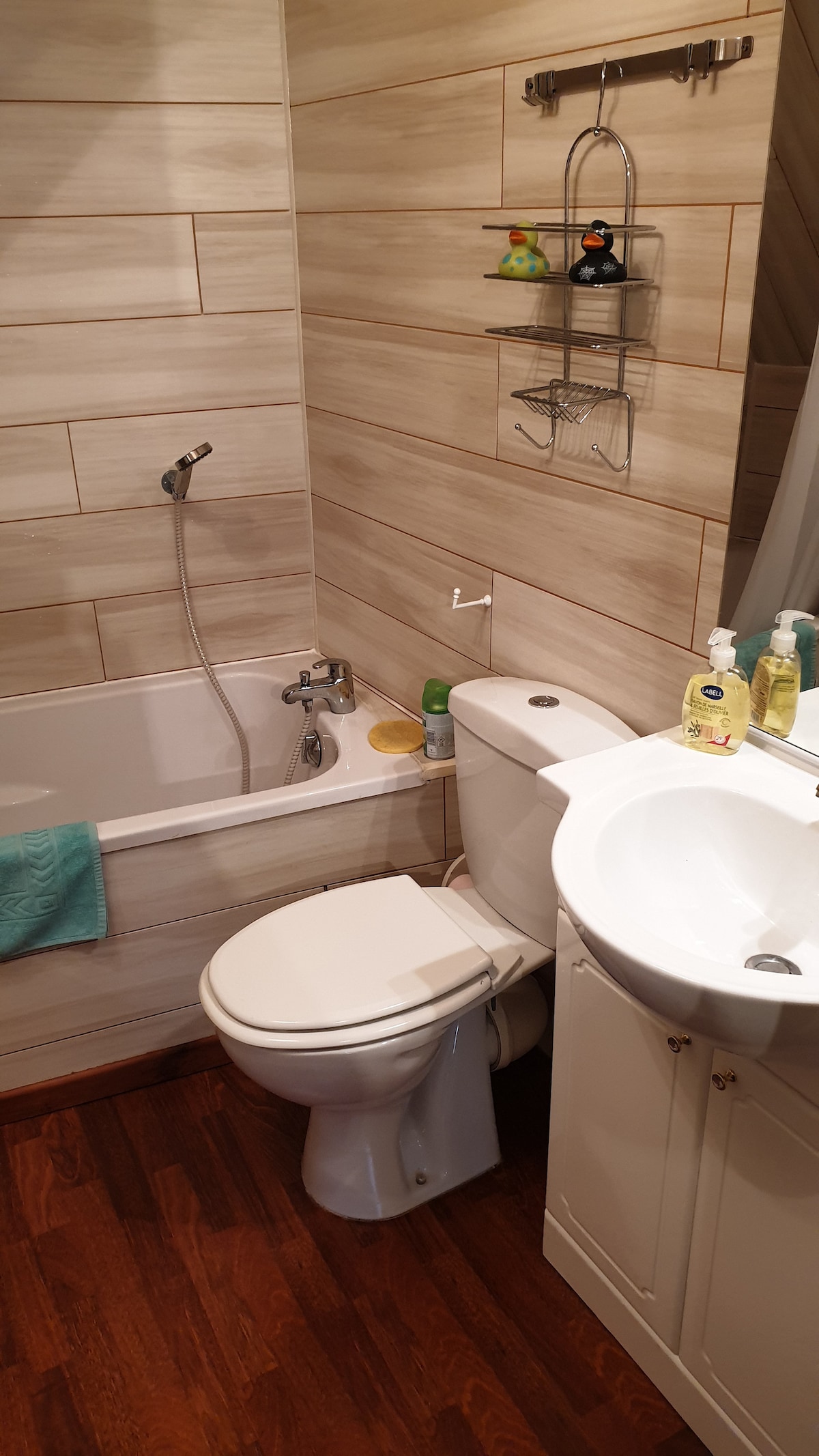 The bathroom features a bathtub with a showerhead overhead. A white toilet is positioned next to the bathtub. A small sink with a cabinet below is situated nearby, accompanied by toiletries arranged on a wall-mounted shelf. Warm wooden flooring complements the wood-paneled walls.