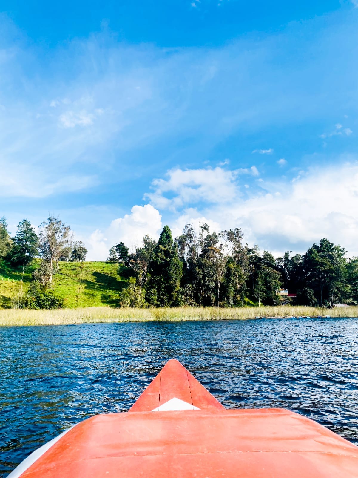 A view from the water highlights a vibrant landscape with lush green hills and tall trees. The foreground features gentle ripples on the lake's surface, while the sky above showcases a mix of clouds and blue hues.