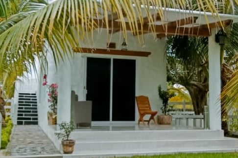 A white bungalow with a spacious porch is framed by palm trees. Two wooden chairs are placed on the porch. The entrance features large glass doors that connect to the outside while allowing natural light to fill the interior.