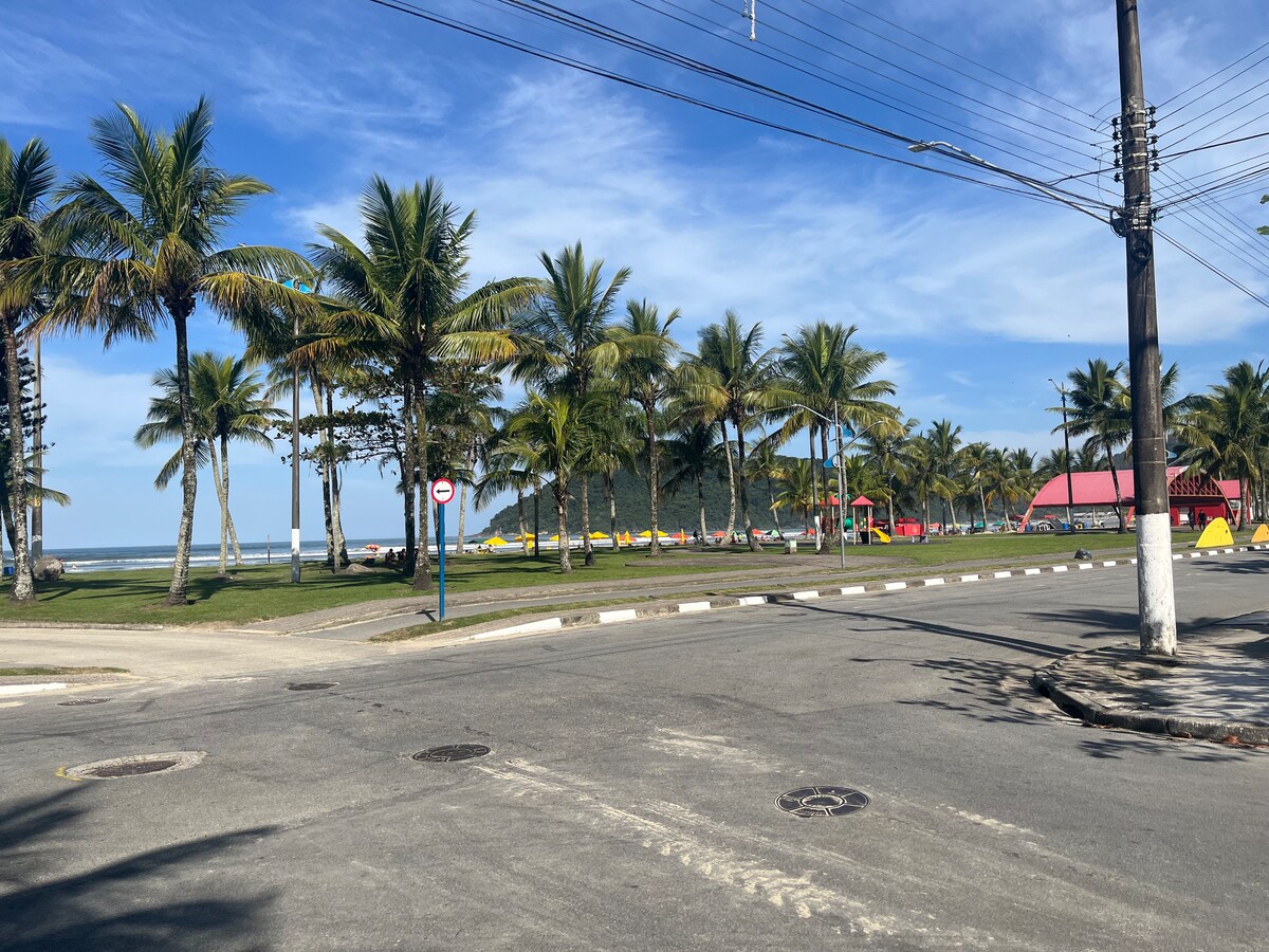 A picturesque view of a beachside road is presented, lined with tall palm trees swaying gently. The ocean is visible in the distance, with beach umbrellas set up along the shore. Clear blue sky stretches overhead, complementing the vibrant greenery.