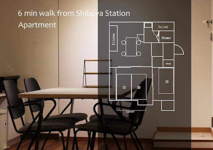 渋谷徒歩5分。駅近だけど夜は静かな１階の部屋。3 BED (w120cm)＋1SOFABED