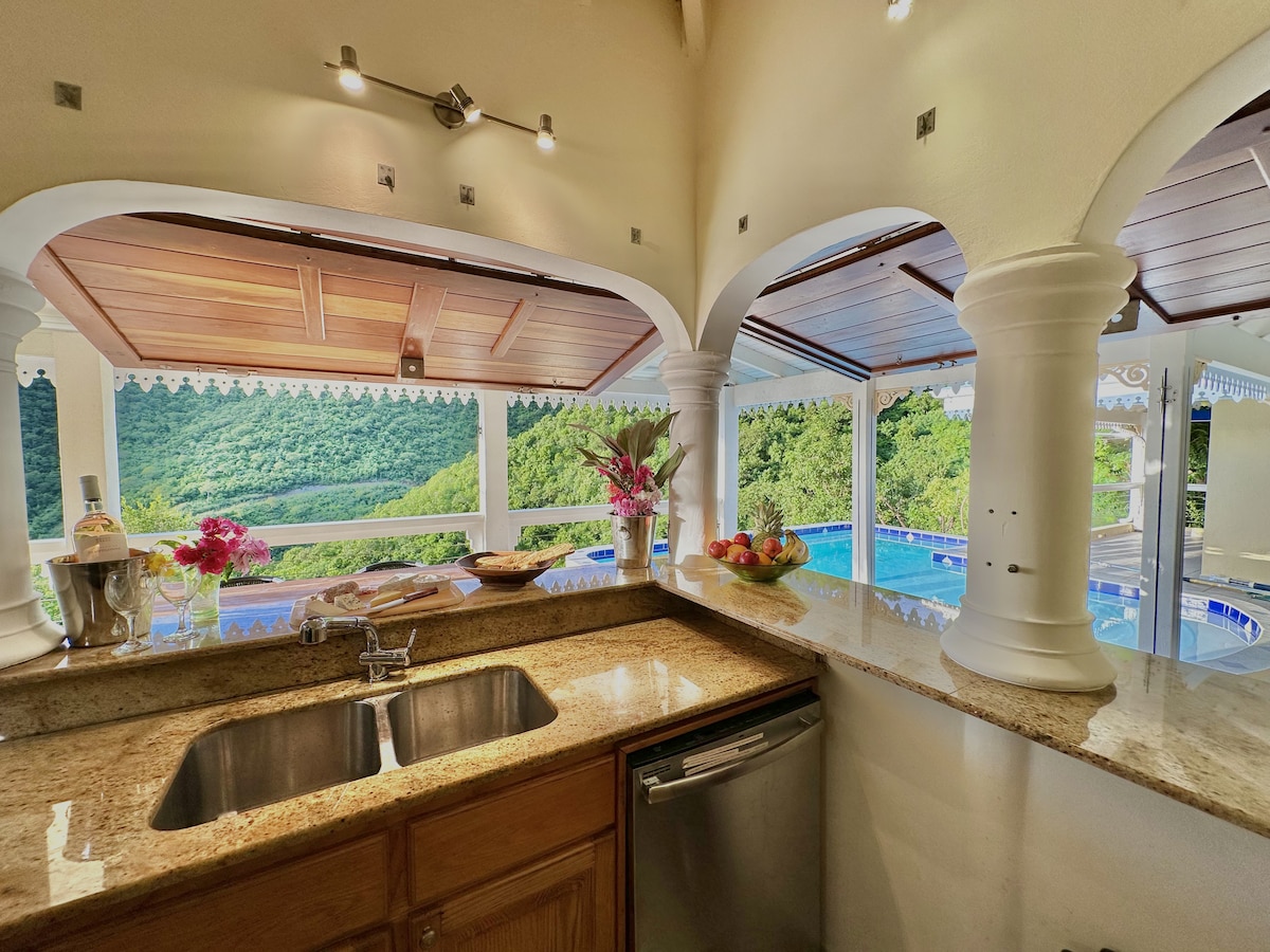 The kitchen features a granite countertop with a sink and a dishwasher. Arched windows provide a view of the pool and surrounding greenery. Fresh flowers and fruits are arranged on the counter, enhancing the culinary space with a touch of nature.
