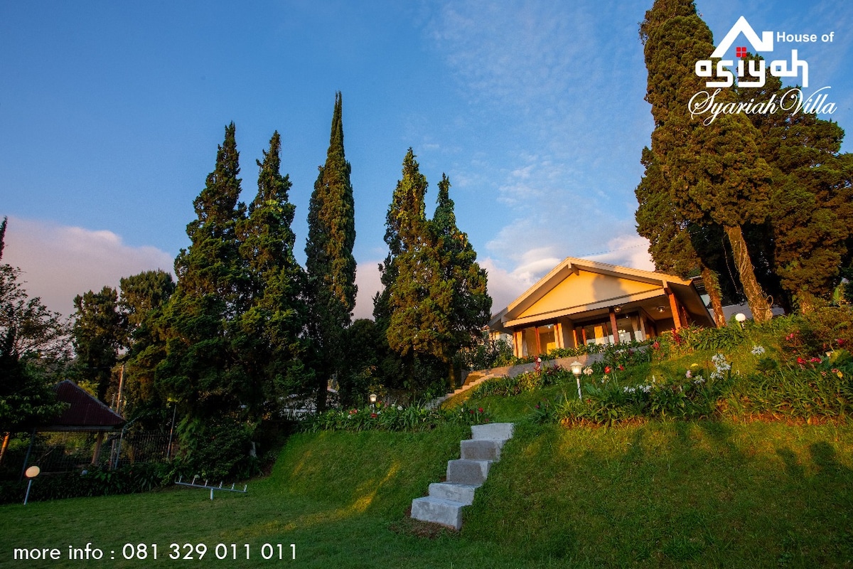 A two-story villa is positioned on a grassy slope, surrounded by tall trees and colorful gardens. Steps lead from the garden to the villa's entrance, which is partially shaded by the natural landscape.