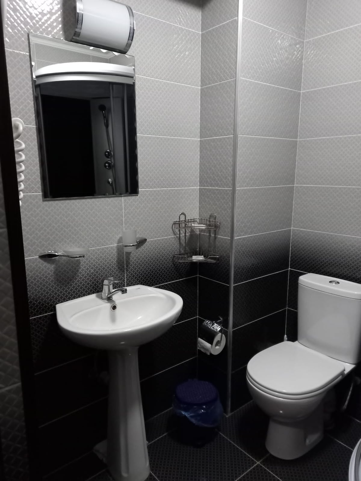 A modern bathroom features sleek gray tiles with a gradient effect. A pedestal sink and a toilet are positioned neatly against the walls. A mirror is mounted above the sink, and a shower area is visible, equipped with integrated shower controls.