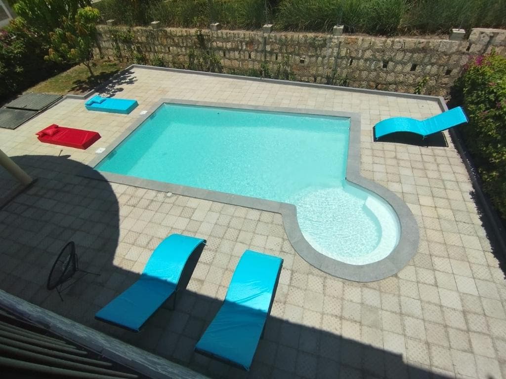 An outdoor swimming pool is framed by a paved area, featuring lounge chairs in bright blue. The pool's clear water is complemented by a shallow entry and a surrounding area that includes a sunbed in red. Lush greenery defines the background.