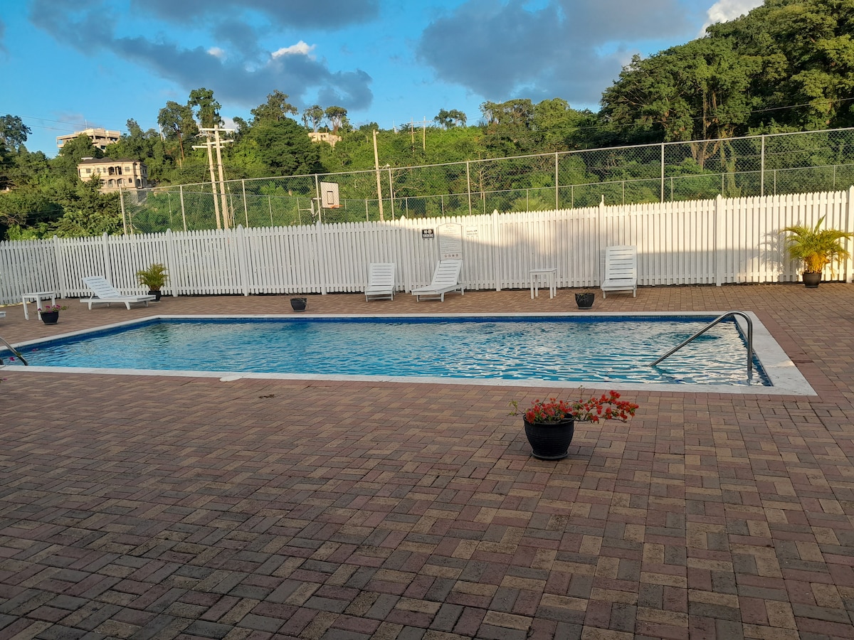 A tranquil swimming pool is surrounded by a spacious brick patio, with several lounge chairs arranged nearby. Lush greenery and a white picket fence create a serene backdrop. Bright flowers are placed in pots, adding a touch of nature to the inviting space.