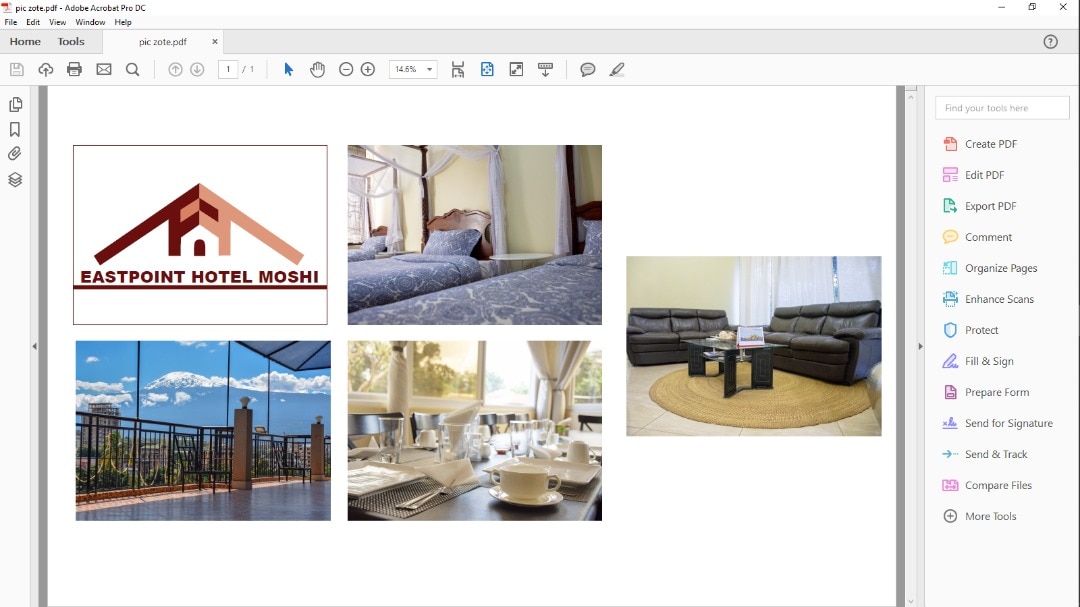 A logo of East Point Hotel is featured prominently. Nearby, a well-appointed bedroom showcases a spacious bed with soft linens. A dining setup displays elegant tableware, while a cozy lounge area includes a modern seating arrangement around a coffee table. A balcony reveals scenic views.