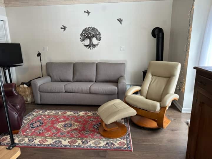 Obývacia izba: elegantný gauč z americkej kože sa rozkladá na pohodlnú manželskú posteľ King!  Pekné polohovacie stoličky a televízor namontovaný na valcovom stojane.