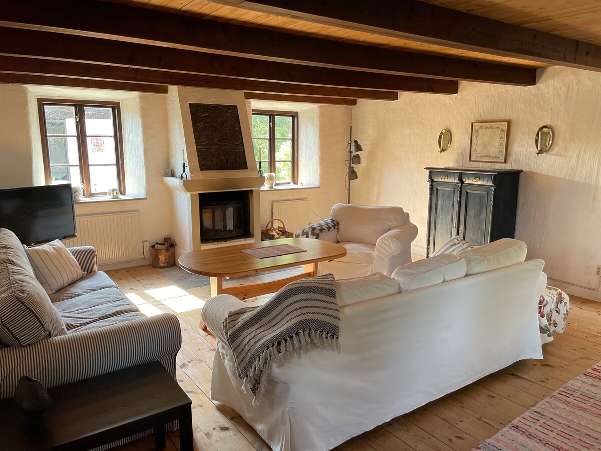 A spacious living area showcases wooden beams and light-colored walls. Soft seating is arranged around a central wooden table. A fireplace is positioned between two windows that allow natural light to fill the room, creating an inviting atmosphere.