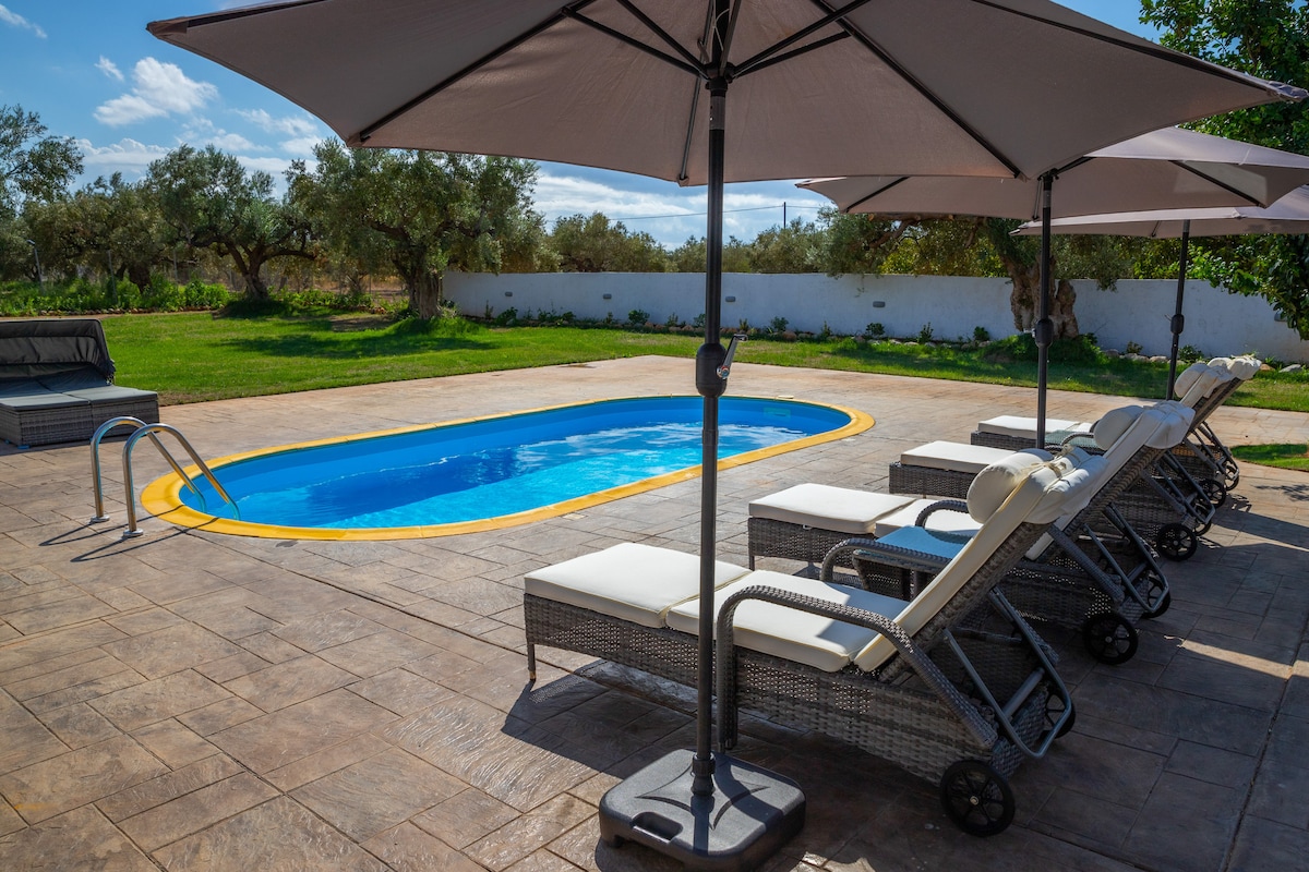 A rectangular pool is framed by a spacious sun terrace, featuring comfortable lounge chairs beneath large umbrellas. Olive trees are visible in the background, complementing the serene outdoor setting.