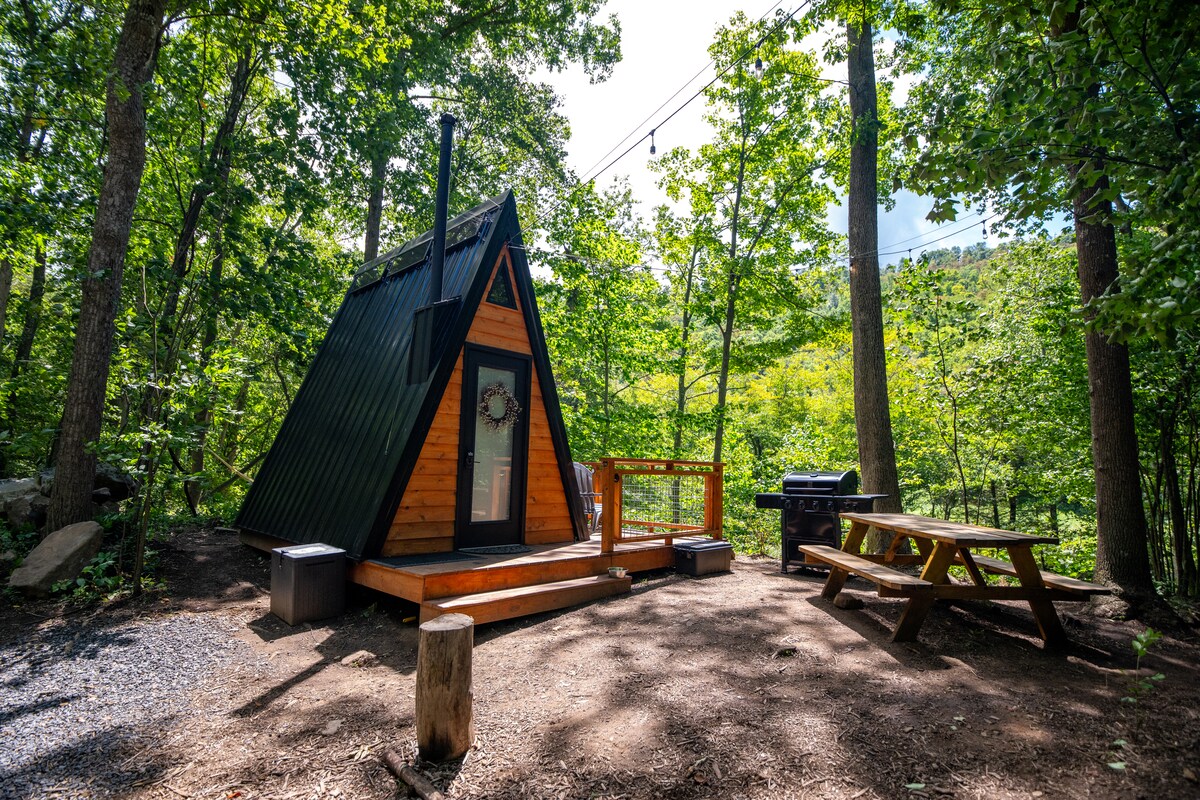 An A-frame structure combines wood and metal elements, nestled among lush green trees. A wooden deck leads to a welcoming front door, complemented by a festive wreath. A picnic table and charcoal grill are positioned nearby, surrounded by a natural, shaded landscape.