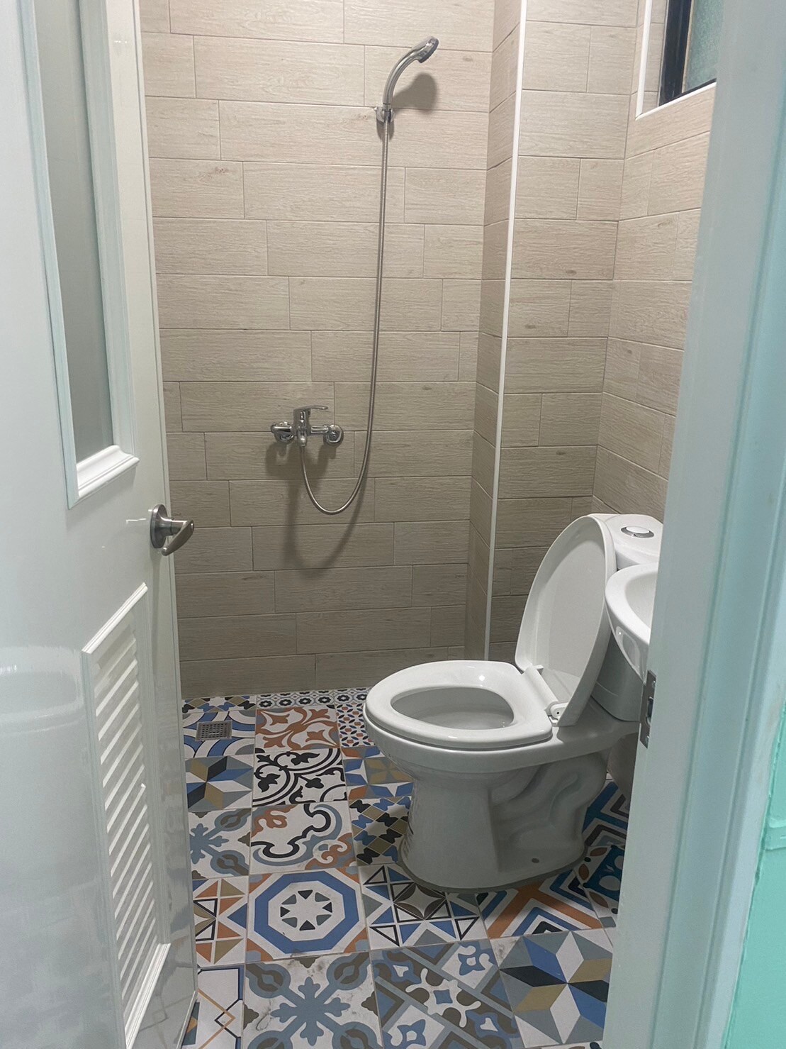 A compact bathroom is depicted, featuring a white toilet and a handheld showerhead mounted on the wall. Decorative tiles in various patterns and colors cover the floor, while natural light enters through a small window above. A white door provides access to the space.
