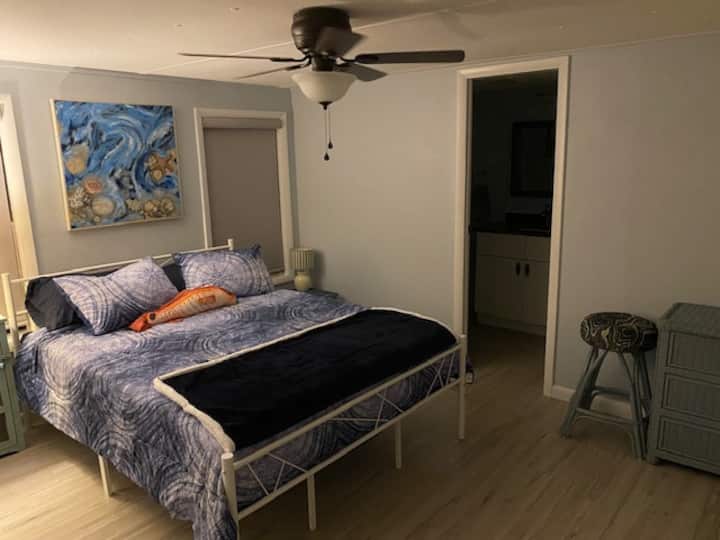 Chumba cha kulala cha Master kilicho na kitanda cha malkia na bafu iliyoshikamana.