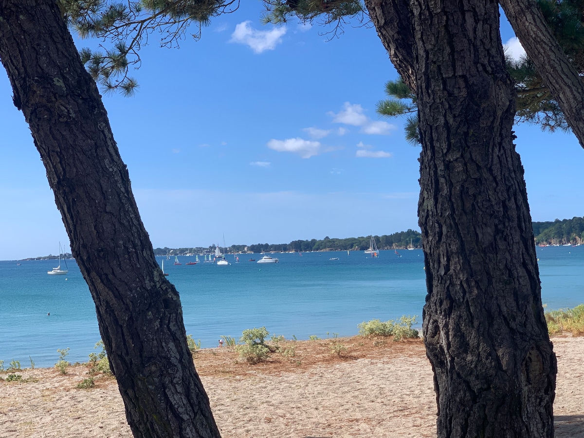 A scenic view of the ocean is framed by two trees, showcasing calm blue waters dotted with sailboats. A sandy beach is visible in the foreground, with lush greenery lining the shore, and a clear sky overhead with a few scattered clouds.