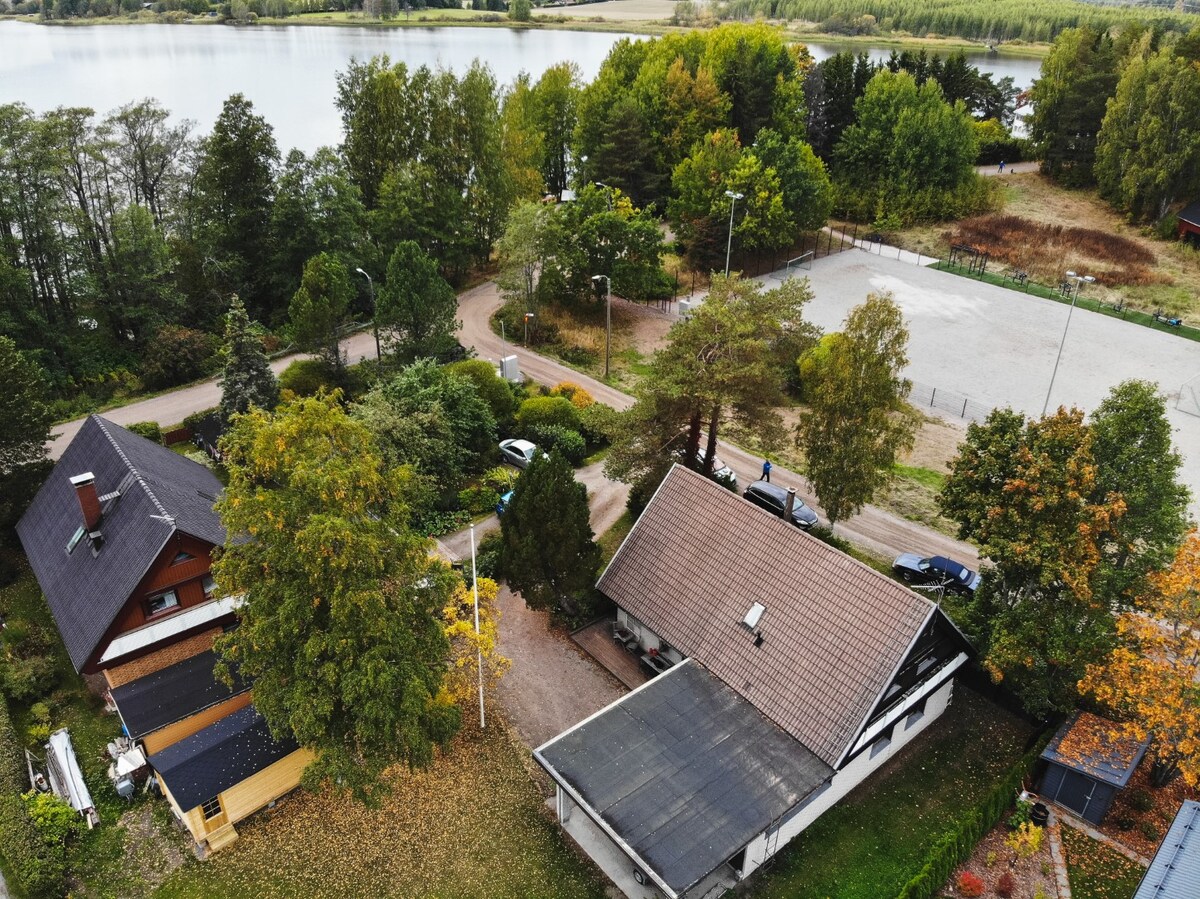 An aerial view captures a serene landscape featuring two houses surrounded by greenery. A winding road leads through the area, with several parked cars visible. The nearby lake reflects the vibrant foliage, while recreational spaces, including a sports court, are included within the backdrop.