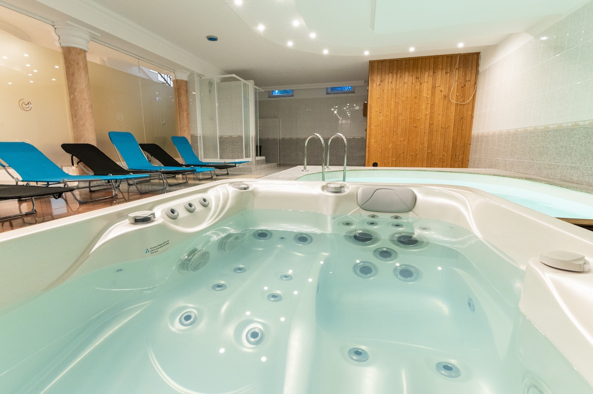 The wellness area features a luxurious jacuzzi with a tranquil blue water hue. Comfortable lounge chairs line the space, and soft lighting complements the modern design. A wooden panel adds warmth to the backdrop, enhancing the relaxing ambiance of the indoor setting.