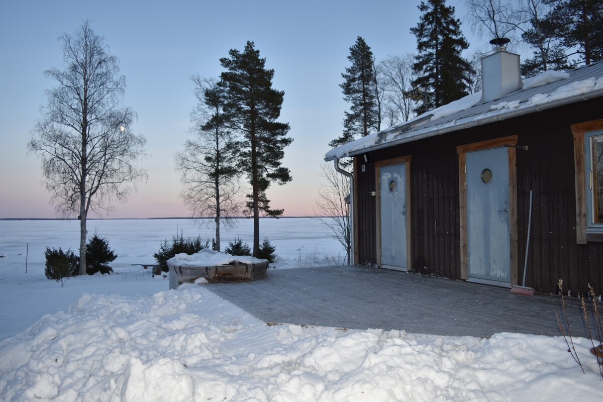 A winter scene highlights a wooden cabin set against a snowy landscape and a tranquil sea in the background. The entrance features two doors leading inside, surrounded by trees, with a small patio area visible. The soft light of dusk casts a serene glow over the snow.