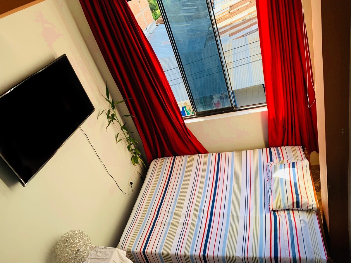 A cozy sleeping area features a spacious bed layered with a striped blanket and a decorative pillow. Floor-to-ceiling windows adorned with bright red curtains provide natural light and views of the surrounding area. A television is mounted on the wall, and a green plant adds a touch of nature.