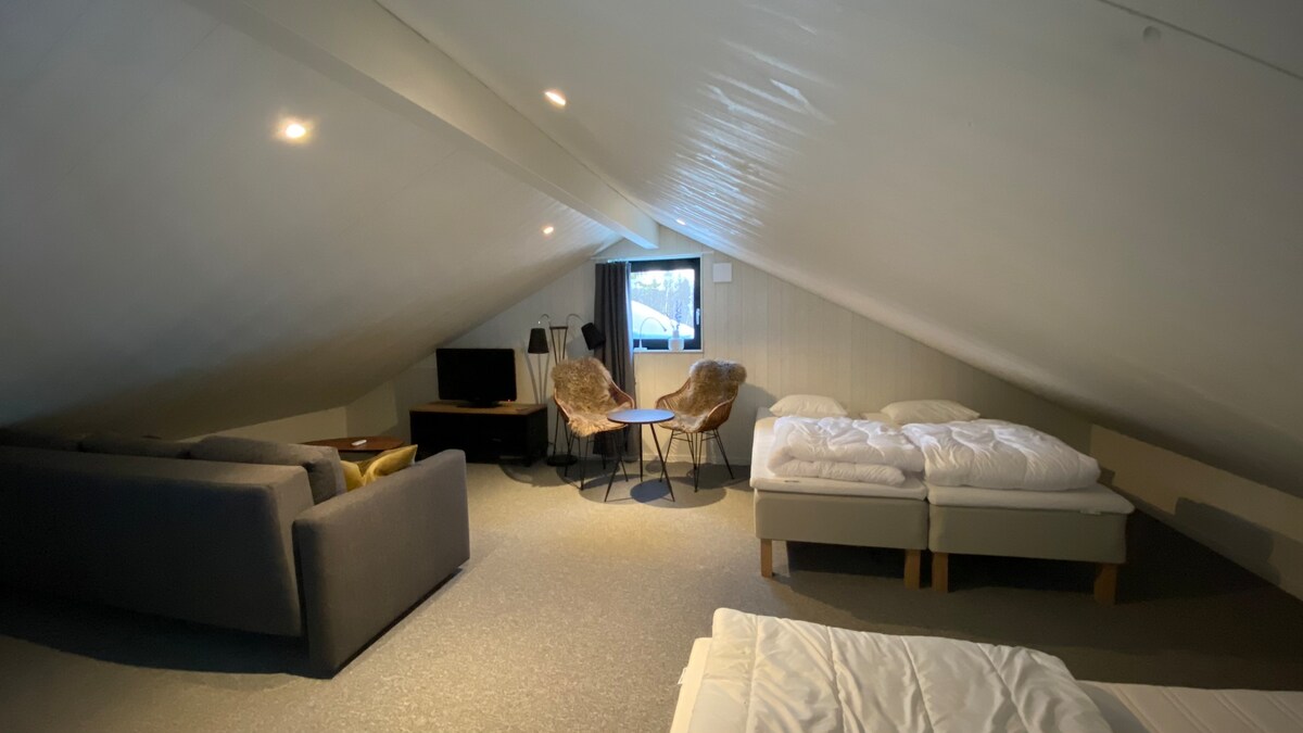 Ლოფტში არის 4 80 საწოლი + გასაშლელი დივანი ორი ოთახით.