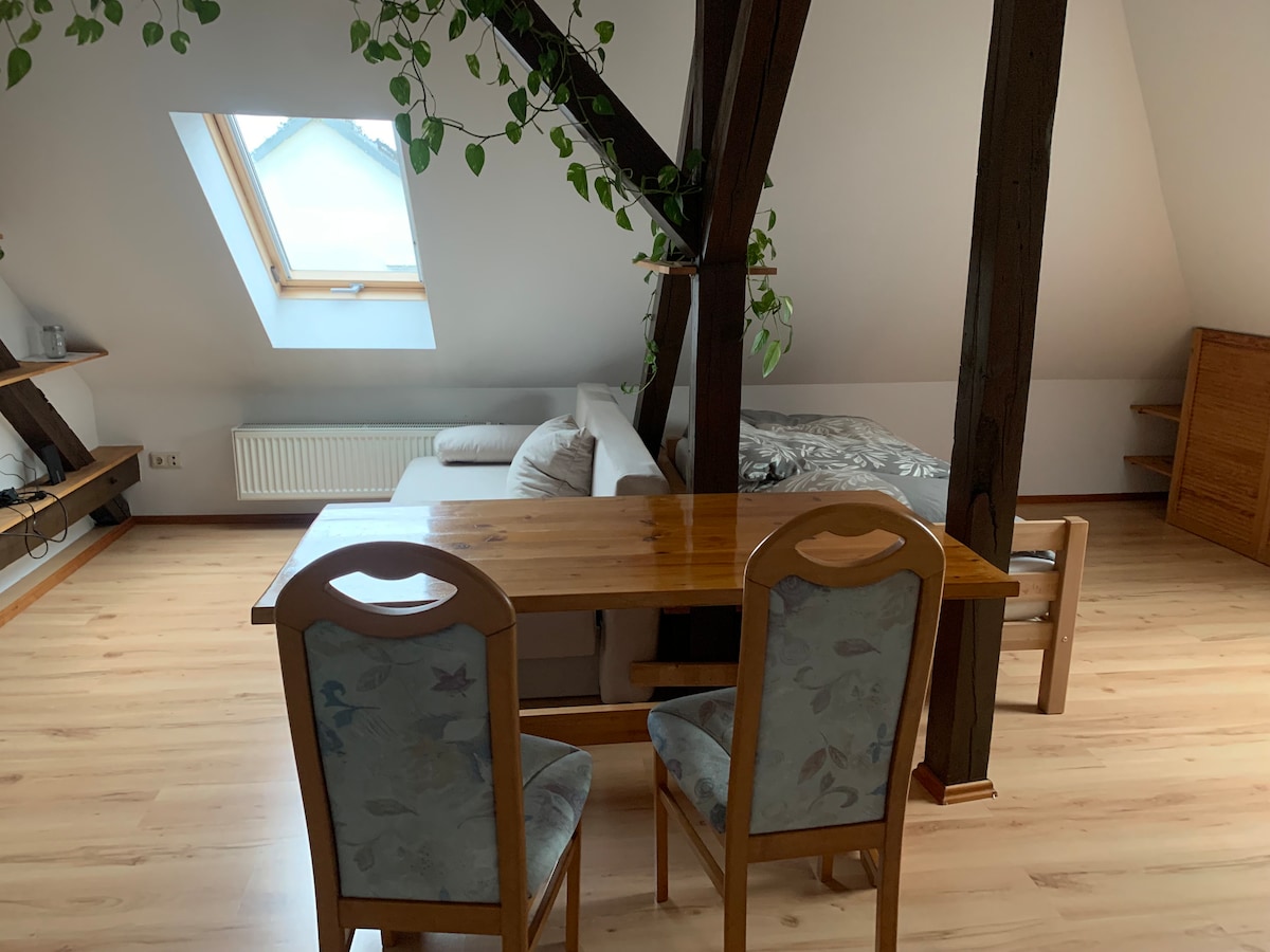 An open attic space is featured, with a cozy sleeping area visible in the background. A wooden table is paired with two upholstered chairs, and natural light streams in through a skylight. Decorative plants are seen climbing the support beams, adding a touch of greenery.