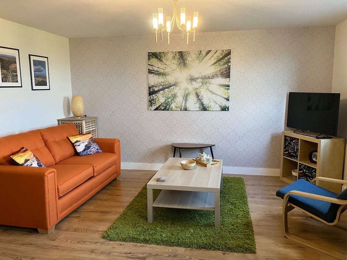 A comfortable lounge area is furnished with an orange sofa, complemented by decorative cushions. A light wood coffee table is centered on a green area rug, while a flat-screen TV is positioned on a cabinet. Natural light is diffused through the room, highlighted by a forest-themed artwork.
