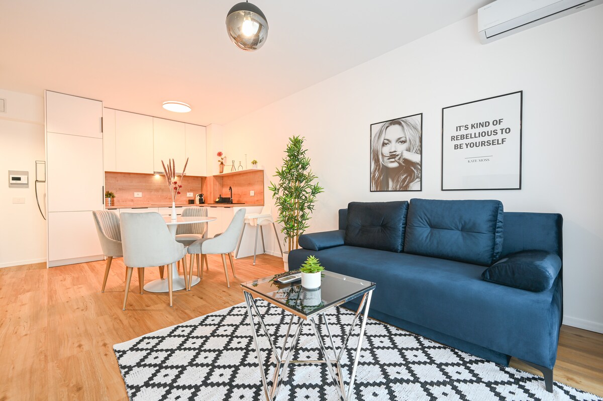The living area features a comfortable blue sofa facing a glass coffee table, with a patterned area rug underneath. A dining table with four chairs is positioned adjacent to a modern kitchen, accented by stylish posters on the white walls.