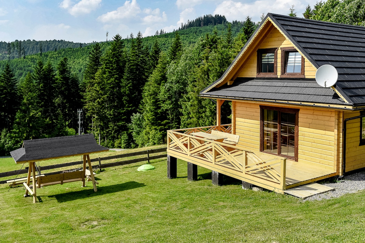 A wooden cabin with a sloped roof and large windows sits nestled among trees. A spacious deck is visible, featuring a wooden railing and furniture. A swing is located on the well-kept lawn, providing a relaxing outdoor space.