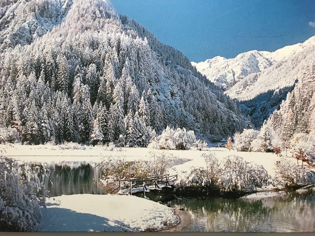 A serene winter landscape is displayed with snow-covered mountains and lush forests surrounding a calm body of water. A wooden bridge can be seen crossing over the stream, while gentle snow blankets the ground, creating a peaceful and picturesque setting.