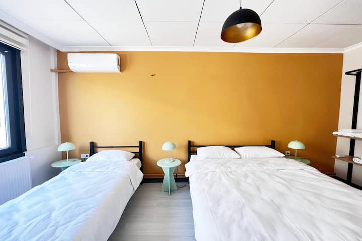 Კომფორტული ორადგილიანი საწოლი და ერთადგილიანი საწოლი რბილი ბალიშებითა და ხრაშუნა ზეწრებით