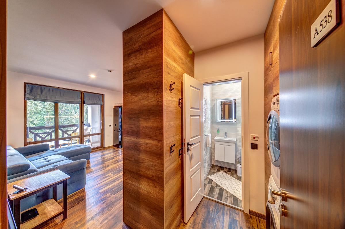 An entryway leads into an open living area with warm wood accents. A comfortable blue sofa is visible, alongside a doorway that opens to a bathroom with modern fixtures. Natural light fills the space, enhancing the inviting atmosphere.