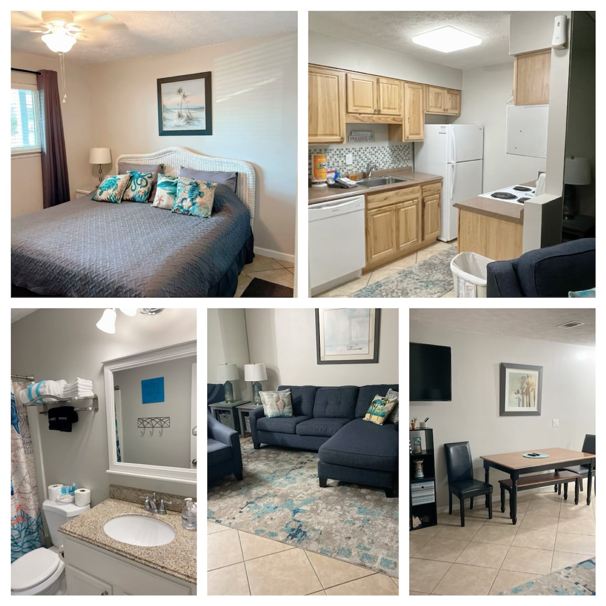 The images showcase various areas of the condo. A spacious bedroom features a king-size bed with decorative pillows. The kitchen has full-size appliances and seating. The living room includes a sectional sofa and dining table. A bathroom area highlights a sink and towels.
