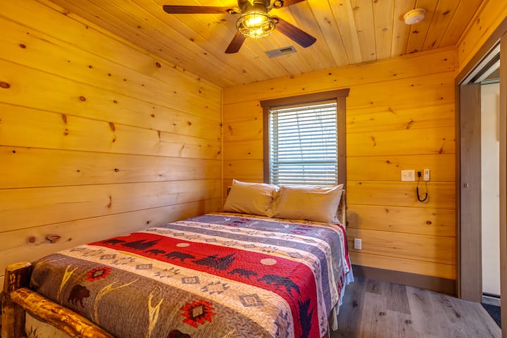 Master bedroom on main level. 
 Queen bed.  Adjoins master bath with walk-in shower.