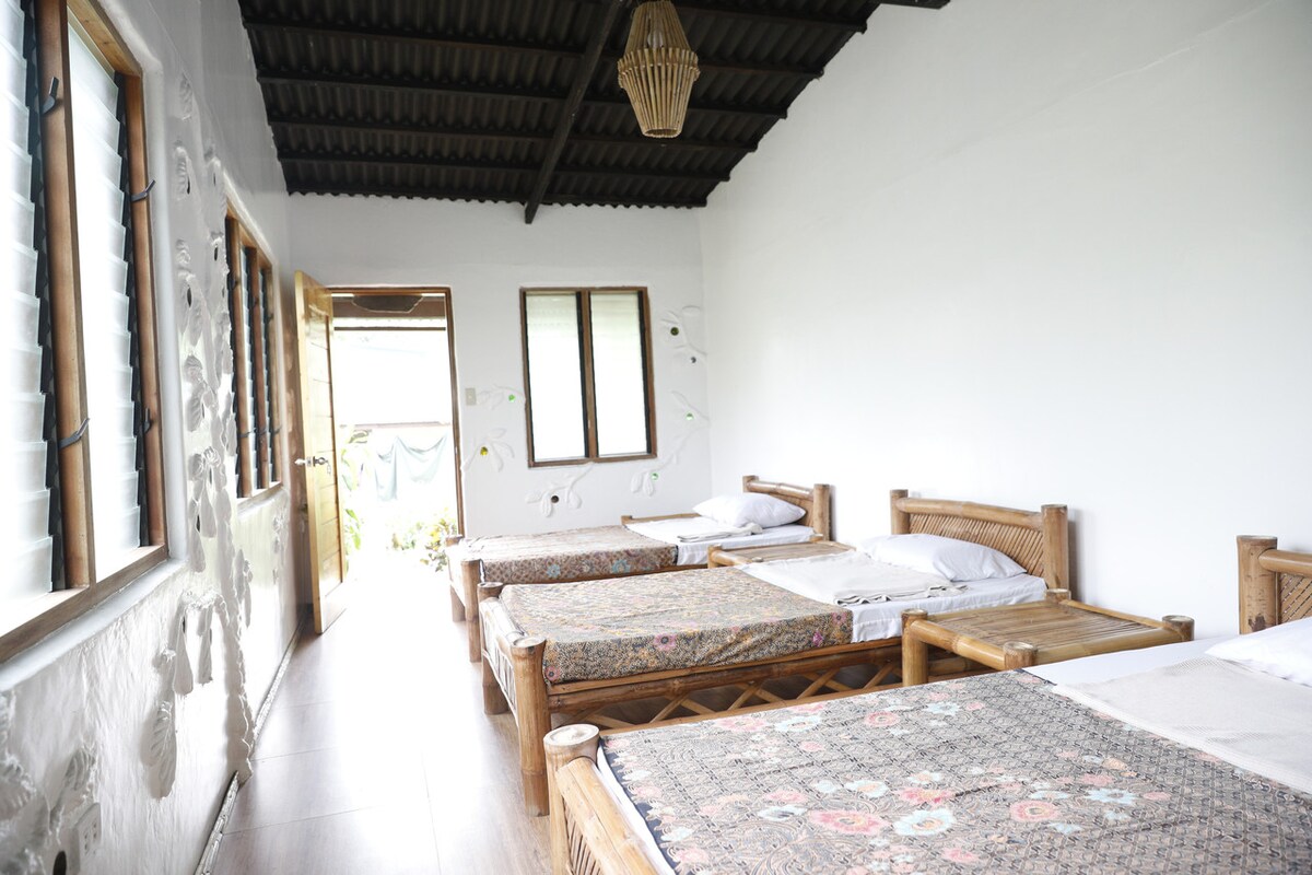 A spacious dorm-style room is furnished with three wooden beds, each adorned with patterned bedding. Natural light filters in through the windows, illuminating the freshly painted walls and enhancing the earthy ambiance. A wooden door leads to the outside, emphasizing the connection with nature.